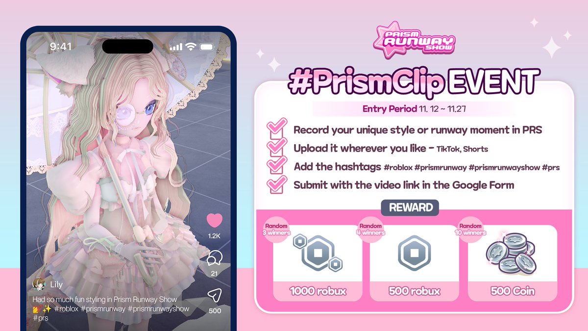 PrismRunwayShow's tweet image. 📸Prism Runway Show – Share Your Moment Event!
Show your PRS moment and get a chance for rewards!! 

🗓️ Nov 12–27, 2025 (KST)
🎁 1,000 R$ × 3 | 500 R$ × 4 | 500 Coins × 10

🔗Details &amp;amp; Submit here: forms.gle/B5kXGFAuDnQ9Cf…

#PrismRunwayShow #PRS #Roblox #robuxgw