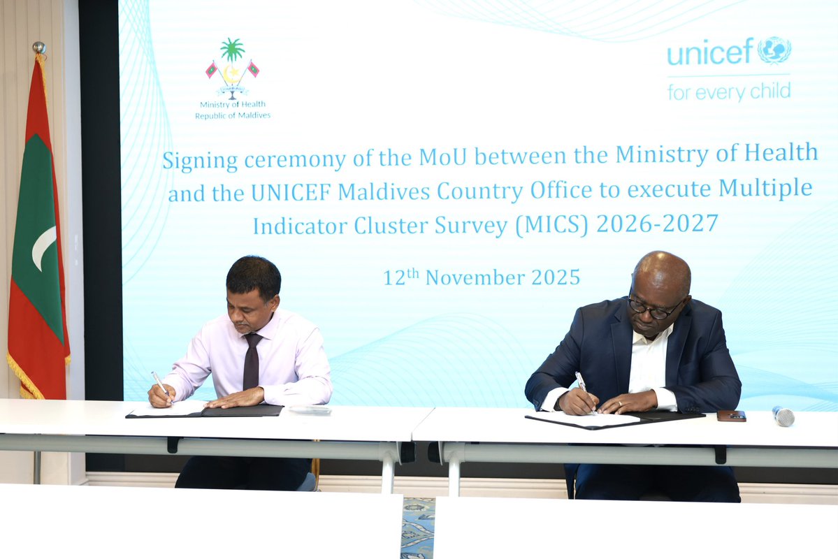MoHmv's tweet image. MoH and @UNICEFMaldives have signed an MoU to implement the Multiple Indicator Cluster Survey (MICS) 2026–2027. MICS will collect nationwide data on health, nutrition, and well-being to guide policies and plan for a healthier Maldives. 

#MICS #HealthData #ForEveryChild #Maldives