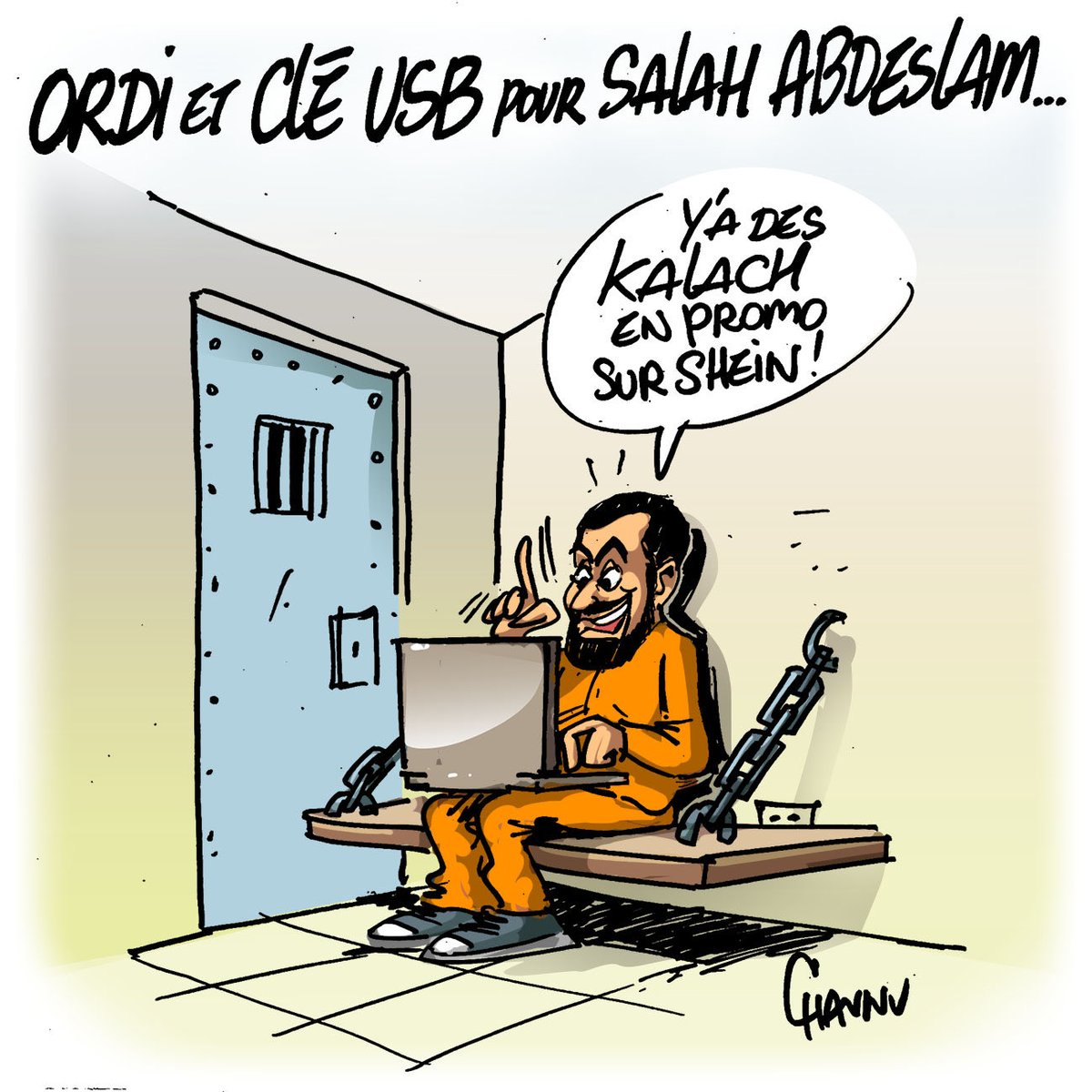 ✏️ dessin du jour pour <a href="/_lunion/">L'union</a> : l’ex-compagne de Salah Abdeslam liée à un projet d’attentat via une clé USB illégale