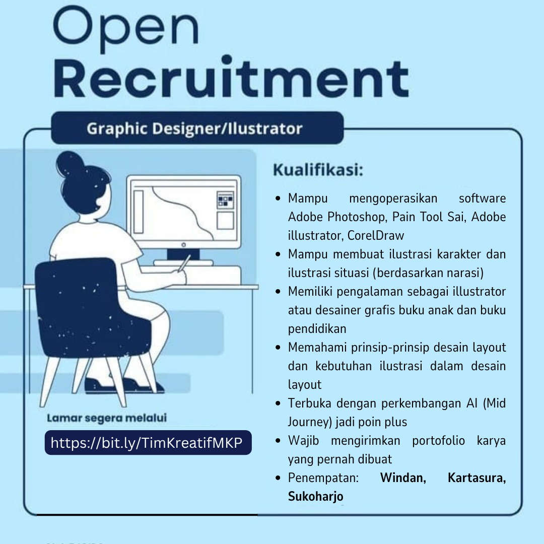 lokersoloraya's tweet image. 🎨 OPEN RECRUITMENT
Kami membuka kesempatan bergabung sebagai Graphic Designer / Illustrator ✨

💻 Lamar sekarang melalui: bit.ly/TimKreatifMKP

#OpenRecruitment #WeAreHiring #LowonganKerja #LokerSukoharjo #LokerKartasura #LokerDesain #LokerGraphicDesigner #LokerIllustrator