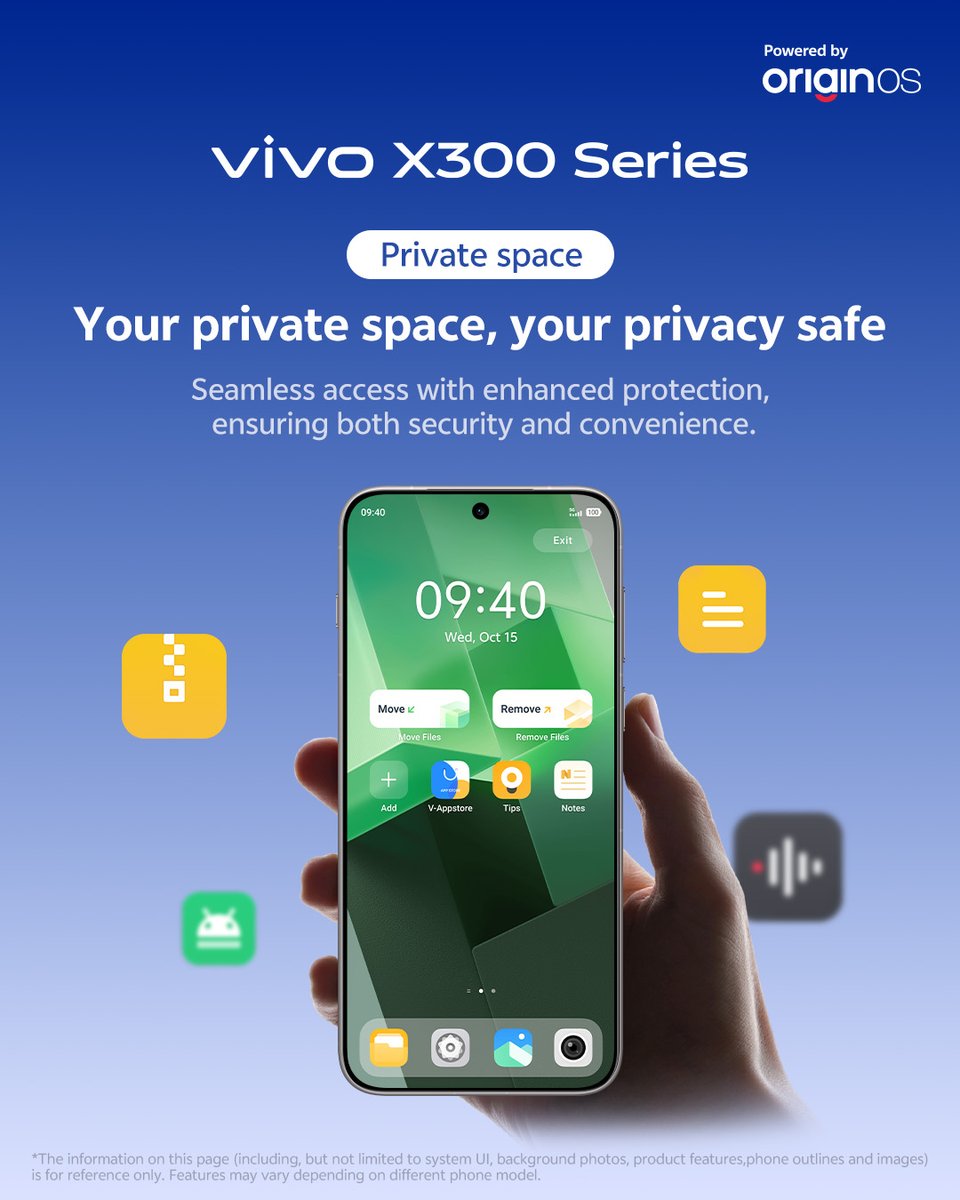 OriginOS_Global's tweet image. Keep your data safe. Private Space offers enhanced protection for your apps and files with seamless, convenient access. Experience it on vivo X300 Series!
