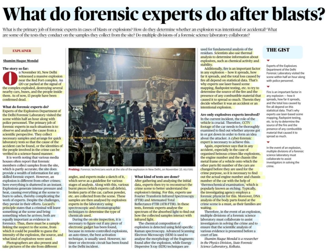 imRavikantYadav's tweet photo. What do forensic experts do after Blasts?
:Insightful article by Mr Shamim Haque Mondal
#Forensics #CrimeScene #explosión
#samples #LabTests #LocardPrinciple
#Spectroscopy #Chromatography
#FIRE #Light #cyberforensics #Etching #ForensicPhysicist
#Scientific
#DelhiBlasts
#UPSC https://t.co/Jdke40UdG2