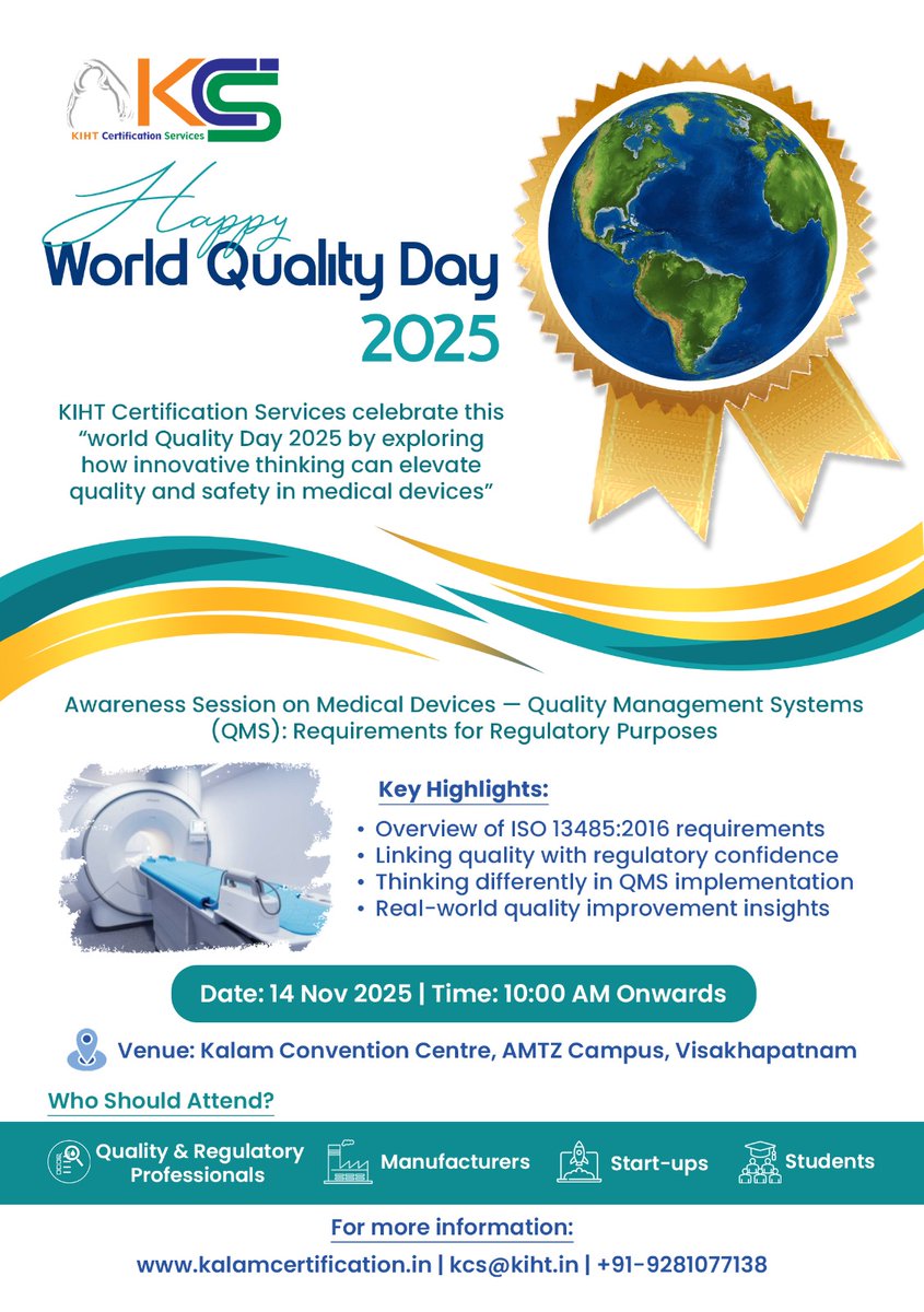GetKCS's tweet image. @GetKCS invites you to celebrate #WorldQualityDay2025! Join the awareness session on Medical Devices - Quality Management Systems (QMS) is now on 14 November 2025, covering an overview of #ISO 13485:2016, #regulatory confidence, #QMS implementation, and real-world insights. For…