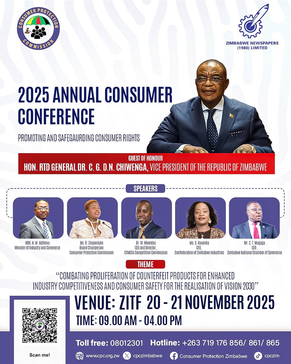 cpczimbabwe's tweet image. 1/2 The Countdown is On! 🔥
Get ready for the 2025 Annual Consumer Conference the biggest platform uniting consumers, industry leaders, and policymakers to shape a fairer, safer, and more competitive marketplace in Zimbabwe! 🇿🇼

🗓️ 20 – 21 November 2025
#ConsumerAwareness #ZITF