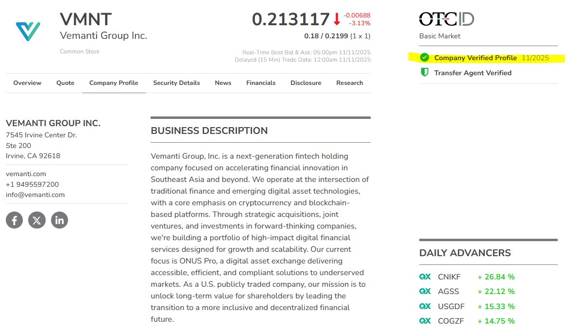 StockTrader187's tweet image. $VMNT Company Verified Profile 11/2025