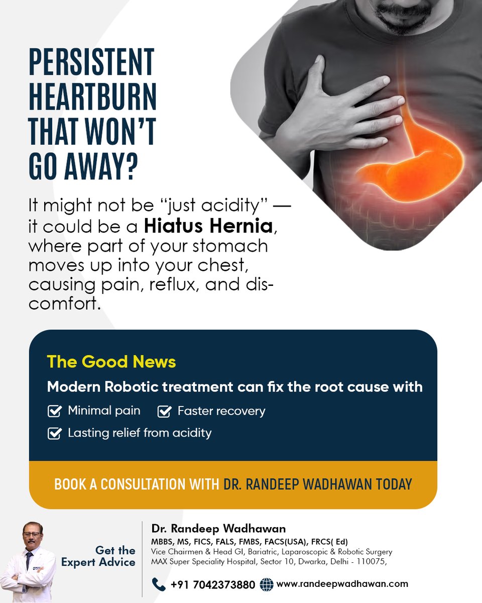randeepwadhwan's tweet image. Persistent heartburn that won’t go away? It might be more than “just acidity” — it could be a Hiatus Hernia. 

Modern #roboticsurgery offers:
✅ Minimal pain
✅ Faster recovery
✅ Long-lasting relief

📞 +91-7042373880 |🌐 randeepsurgery.com

#HiatusHernia #DrRandeepWadhawan