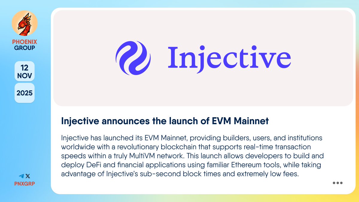 pnxgrp's tweet image. 🔥 @Injective announces the launch of EVM Mainnet

#Injective has launched its #EVM Mainnet, providing builders, users, and institutions worldwide with a revolutionary blockchain that supports real-time transaction speeds within a truly #MultiVM network. This launch allows…