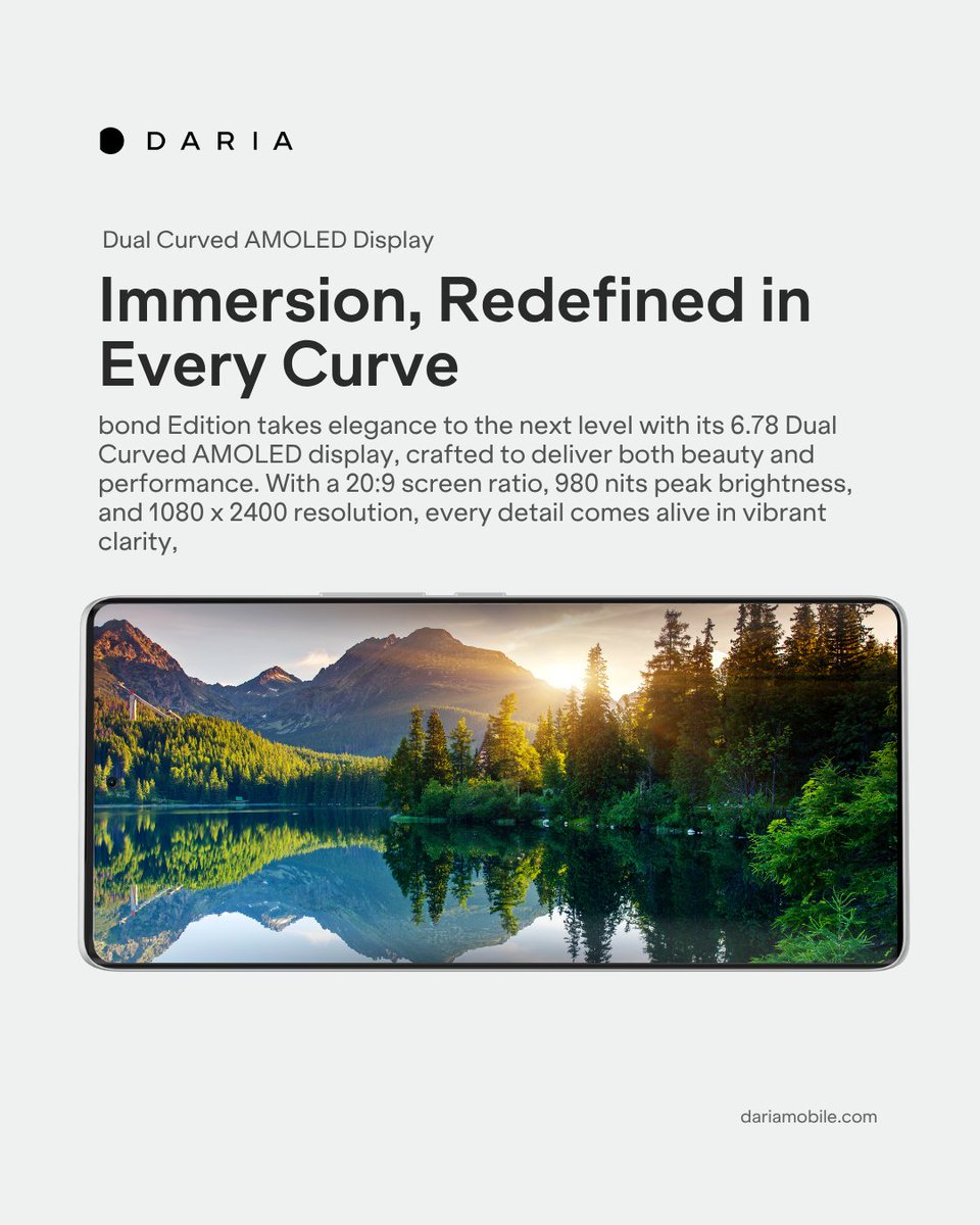 Daria_mobile_ae's tweet image. Every curve crafted for clarity with bond Edition
Experience the 6.78” Dual Curved AMOLED display, where color, contrast, and craftsmanship meet.
980 nits | 1080x2400 FHD+ | 20:9 aspect ratio

 #AMOLEDbond #ImmersiveDesign #bondEdition #Display