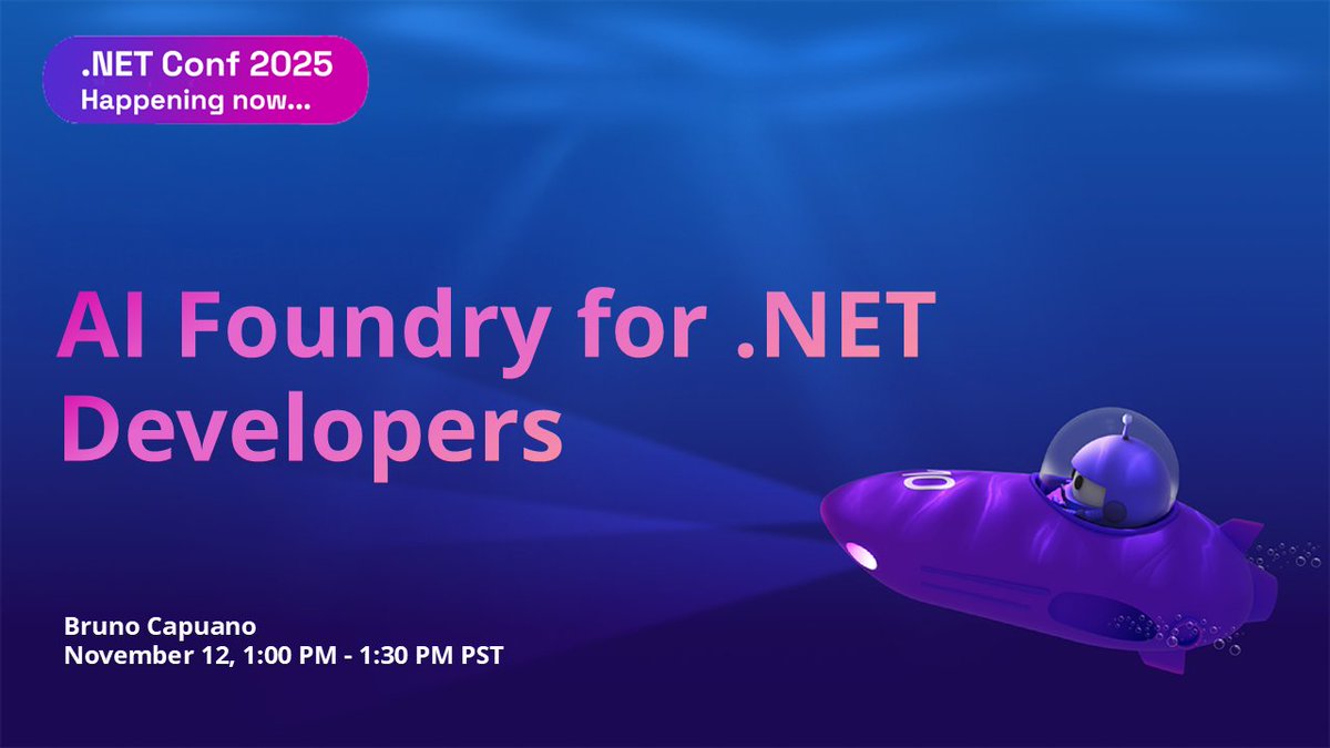 aspnet's tweet image. ✨ NOW on .NET Conf 2025 ✨
AI Foundry for .NET Developers
1:00 PM - 1:30 PM PST
Join us LIVE ➡️ msft.it/6019tydll
Follow the conversation: #dotNETConf #AIFoundry