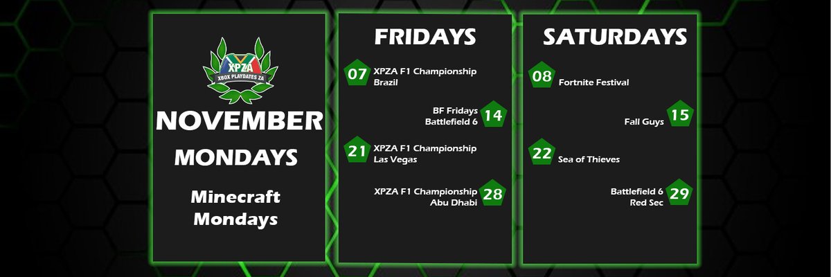 Proposed Schedule for Nov 2025:

3rd, 10th, 17th, 24th - Monday <a href="/Minecraft/">Minecraft</a> 
7th - F1 2024 Brazilian GP
8th - <a href="/Fortnite/">Fortnite</a> Festival
14th - <a href="/Battlefield/">Battlefield</a> 6
15th - <a href="/FallGuysGame/">Fall Guys</a> 
21st - F1 2024 Las Vegas GP
22nd - <a href="/SeaOfThieves/">Sea of Thieves</a> 
28th - F1 2024 Abu Dhabi GP
29th - Battlefield 6 BR
