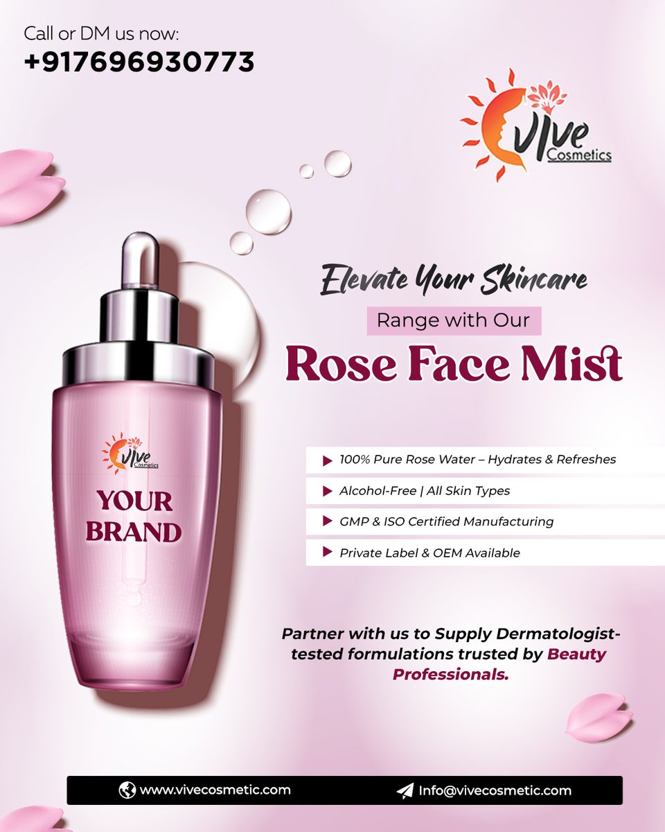 vivecosmetic's tweet image. Rose Face Mist, infused with 100% pure rose water for an instant boost of hydration and radiance!
Partner with us for premium private label skincare solutions trusted by beauty professionals
DM or Call Now: +91 76969 30773
Info@vivecosmetic.com
#RoseFaceMist #SkincareEssentials