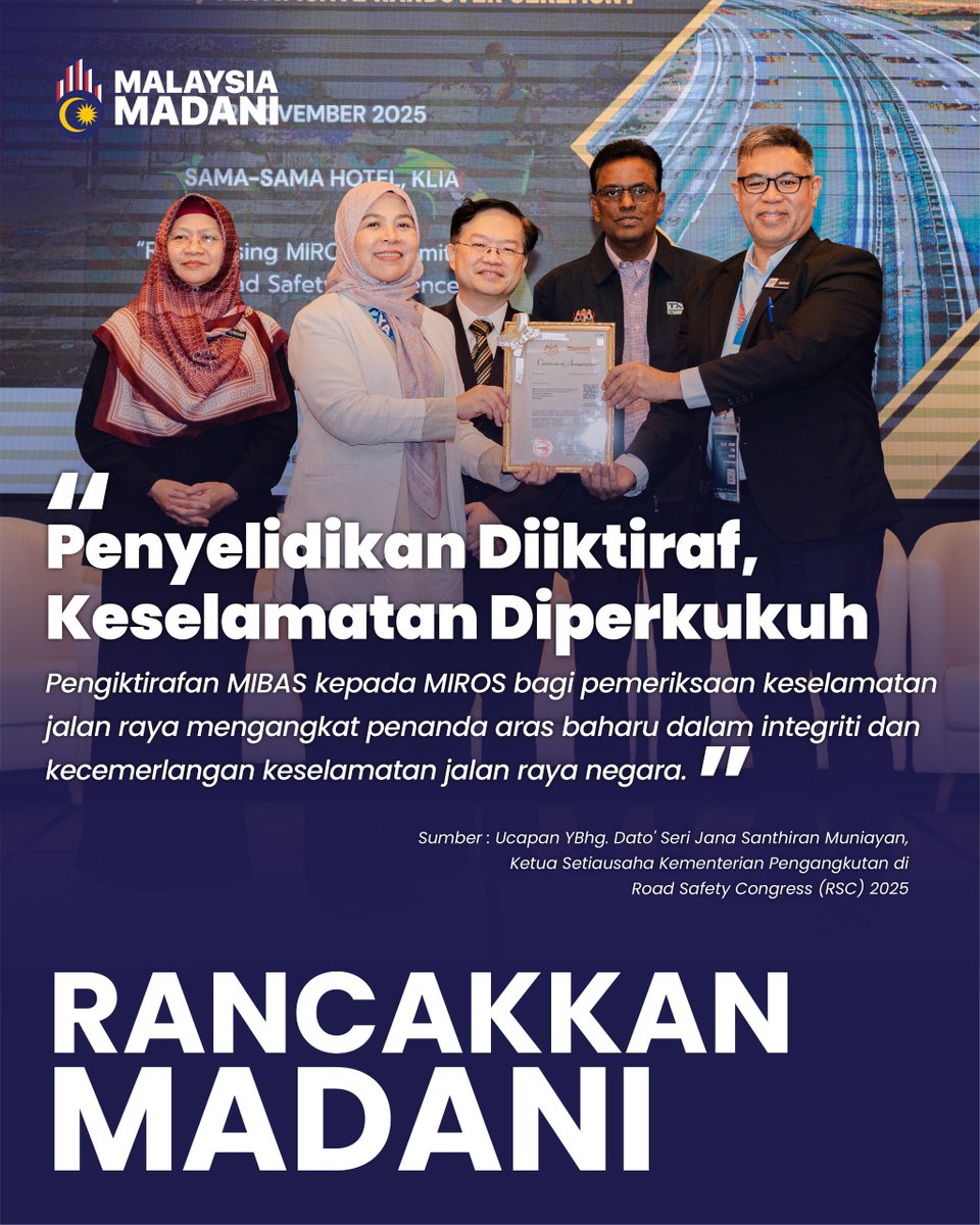 MOTMalaysia's tweet image. MIROS diiktiraf di bawah MIBAS bagi pemeriksaan keselamatan jalan raya — satu pencapaian yang mengangkat penanda aras baharu dalam integriti dan kecemerlangan keselamatan jalan raya negara.

#RancakkanMADANI #MalaysiaMADANI #MIROS #MIBAS #KeselamatanJalanRaya #MOTMalaysia
