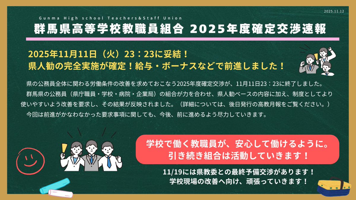 群馬県の公務員労働組合（県職労・県教組（義務校組合）・高教組・県企労）の4つの労働組合と県当局との確定交渉が11/11（火）23：23に妥結、終了しました。
交渉結果の詳細については、後日発行の月報にてご確認ください。
交渉支援にご参加いただいたみなさん、ありがとうござました！