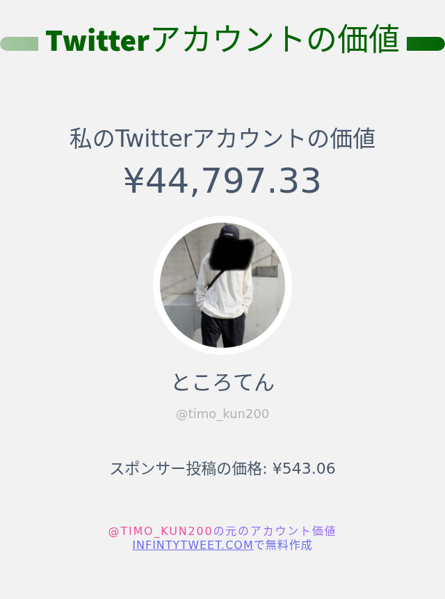 timo_kun200's tweet photo. 私のTwitterの価値は : ¥44,797.33

➡️ https://t.co/9gf9yXTj28 https://t.co/3VnSAhsWxq