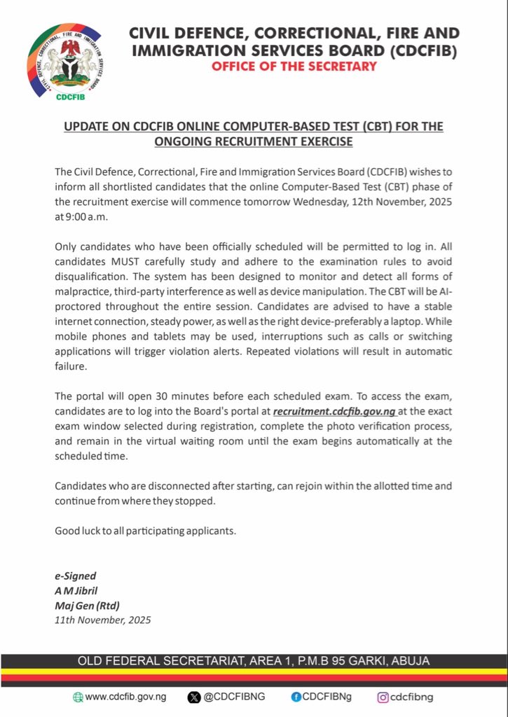 MaddaMusba11342's tweet photo. UPDATE ON CDCFIB CBT FOR THE ONGOING RECRUITMENT EXERCISE.

To access the exam, shortlisted candidates are to log into the Board's portal at https://t.co/aeOrvGa6jd at the exact exam window selected during registration. https://t.co/HNFlHeZX2h
