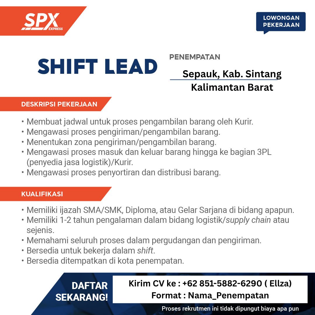 iceopennetworkk's tweet image. 📣Hi Everyone! Come &amp;amp; Join Us at SPX Express!
💼Hub Lead dan Shift Lead
📩Cara Melamar:
Kirimkan CV terbaik Anda melalui:
📧 Email atau 📱 WhatsApp (sesuai poster penempatan yang dituju)
📝 Subjek: Nama Posisi - Lokasi Tujuan

#SPXExpress #ShopeeExpress #WeAreHiring  #Loker