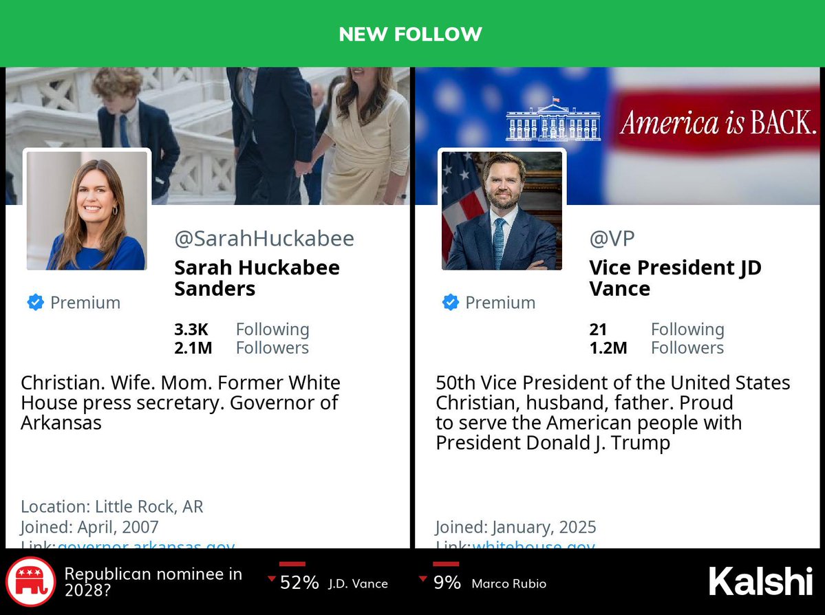 🆕 @sarahhuckabee has started following <a href="/VP/">Vice President JD Vance</a>