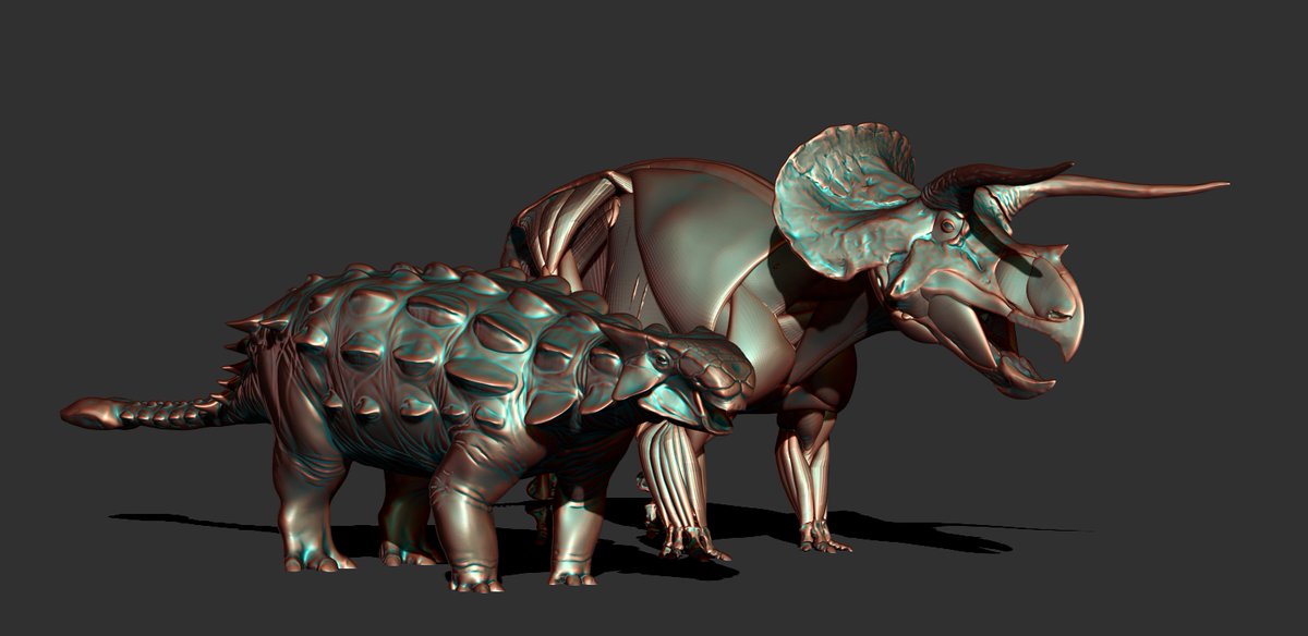 ArtofFabricious's tweet photo. "Hatcher" is coming along nicely. It's taking forever to place the muscles, but I'd much rather do this approach now than carve away at a bigger block. Bonus appearance by my puppy boy, Ankylosaurus (who needs finishing too). 1/20 scale print, anyone? We'll see. https://t.co/MParK9R12M