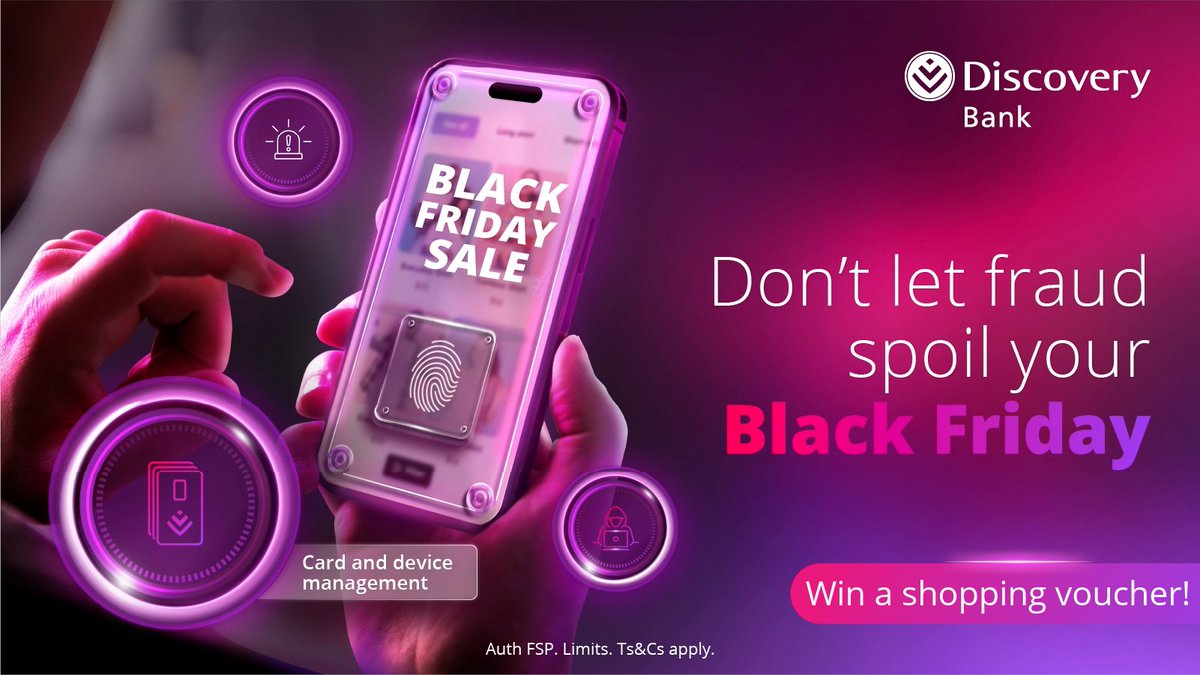 Discovery_SA's tweet photo. Stand to WIN a R1,000 voucher!
Tell us how we keep your accounts safe. Reply with 💜DiscoveryBestBank.

Your best Black Friday hack? Extra security. Manage your cards and devices with market-leading features in the Discovery Bank app. https://t.co/6nSkPDPL5f