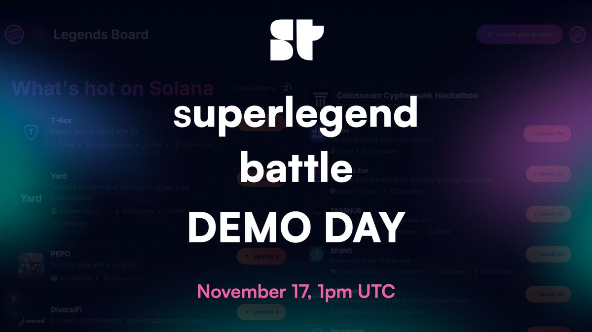 legendsdotfun's tweet image. Announcing the Superlegend battle DEMO DAY!

Happening Nov 17 1pm UTC, live on X 🎙️

​to wrap up this fierce competition, we’ve invited 1 startup from each of the Top 10 ranked communities for a 3-minute pitch LIVE contest!

register below, all 10 contestants are tagged 👇