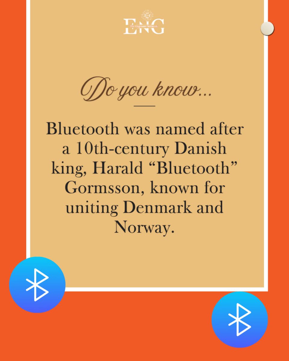 eng_network_gb's tweet image. The name Bluetooth comes from King Harald “Bluetooth” Gormsson, the Danish king who united tribes, just like Bluetooth unites devices. The logo even merges his initials (H and B) in ancient runes. 😅 #DidYouKnow #TechHistory #Bluetooth #EngineeringFacts #TheEngineerNetwork