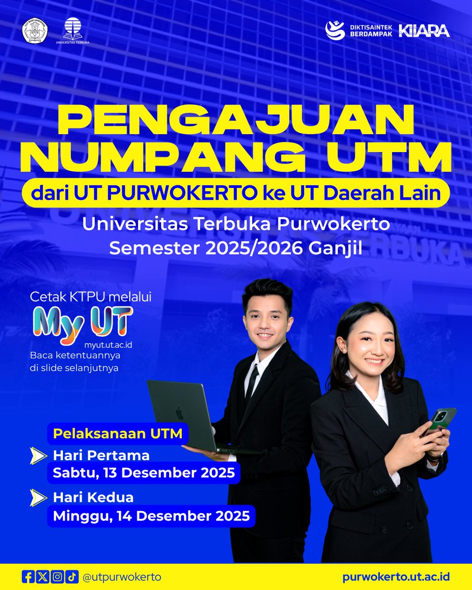 UTPurwokerto's tweet photo. 📢 INFO PENTING UNTUK MAHASISWA UT!
Pengajuan Numpang Ujian Tatap Muka (UTM) Semester 2025/2026 Ganjil kini dibuka! 🎓

✅ Dari UT Purwokerto ke UT Daerah Lain
🔗 Ajukan melalui: https://t.co/sJ5io2FXib
📅 Deadline pengajuan: 5 Desember 2025

#utm https://t.co/KtzYp1XoHP