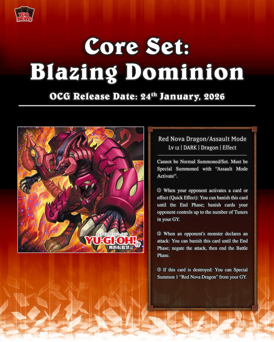 ❰𝗕𝗹𝗮𝘇𝗶𝗻𝗴 𝗗𝗼𝗺𝗶𝗻𝗶𝗼𝗻❱
Konami just announced the new core set “Blazing Dominion,” which will feature new support for Jack Atlas’s deck‼️👑

🟧 Darkness Resonator
🟧 Power Vice Dragon
🟧 Fiend Piece Golem
🟧 Red Nova Dragon/Assault Mode

#遊戯王 #YuGiOh #유희왕