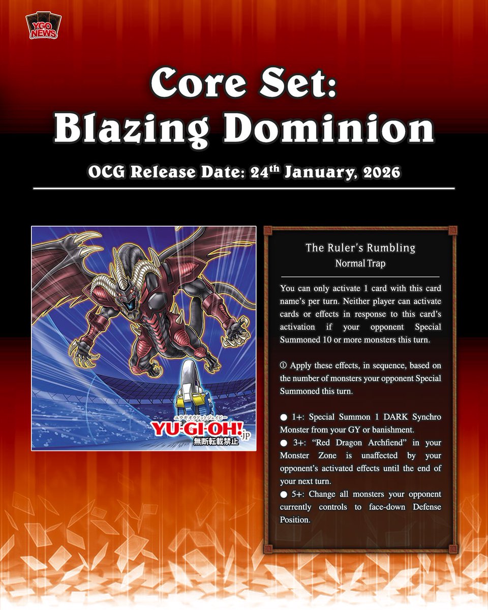 ❰𝗕𝗹𝗮𝘇𝗶𝗻𝗴 𝗗𝗼𝗺𝗶𝗻𝗶𝗼𝗻❱
Konami just announced the new core set “Blazing Dominion,” which will feature new support for Jack Atlas’s deck‼️👑

⬜️ The Crimson King
⬜️ Crimson Blade Dragon
🟩 Crimson Call
🟪 The Ruler’s Rumbling

#遊戯王 #YuGiOh #유희왕