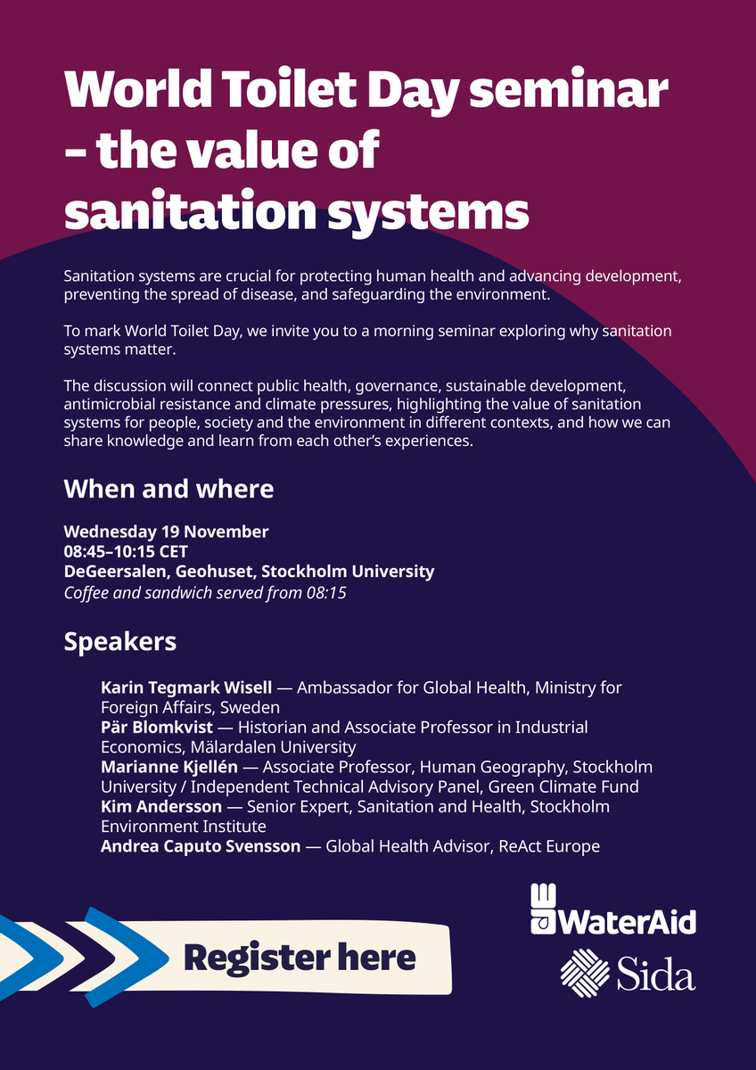 reactgroup's tweet image. #WAAW Act Now: Protect Our Present, Secure Our Future.
#WorldToiletDay
Join @WaterAid Sweden and @Sida  seminar in Stockholm, Sweden on the value of sanitation systems, bringing together perspectives from different disciplines and contexts. #AMR

ReAct Europe&apos;s @AndriCapi is one…