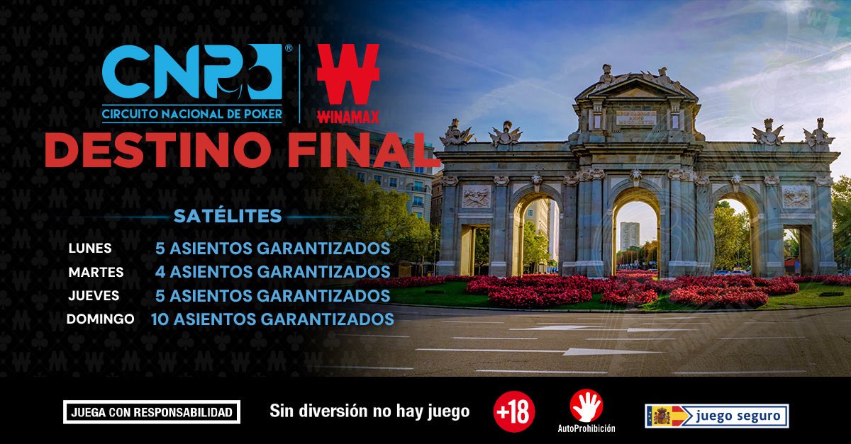 Mañana comienza la Gran Final #CNPWMadrid en <a href="/granmadridpoker/">Gran Madrid Poker</a> pero los satélites de <a href="/Winamax_Espana/">Winamax Póker</a> DESTINO FINAL siguen echando humo 💨 superando con amplitud en dos días los 24 asientos gtd de la semana con 3️⃣4️⃣ asientos… y aún jueves y domingo por delante. 

Lunes 1️⃣8️⃣ (5