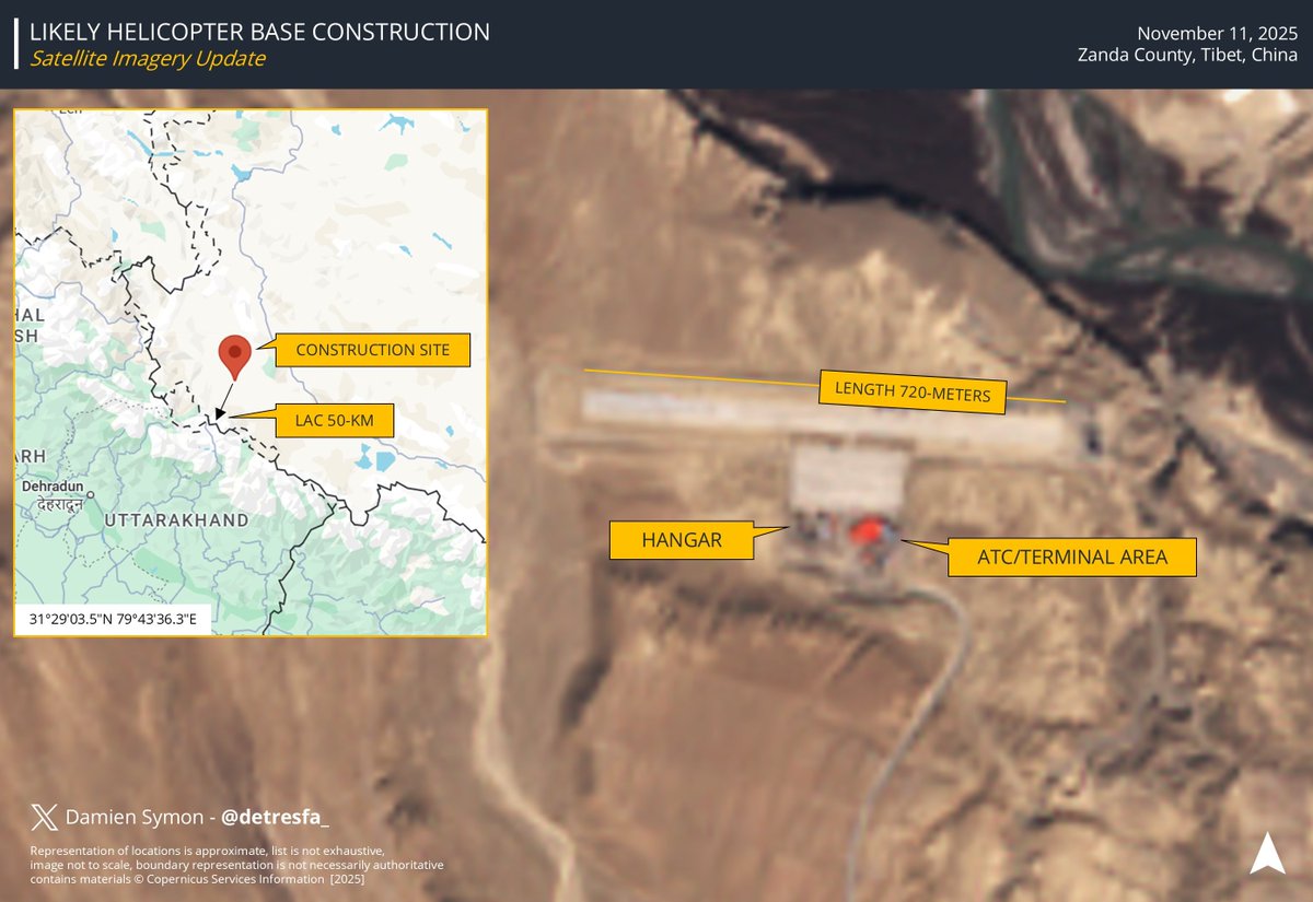 Çin, Hindistan ile arasındaki Gerçek Kontrol Hattı'nın (LAC) kuzeyinde, Zanda Bölgesi'nde bir helikopter tesisi inşa ediyor.

Bölgede büyük bir garnizon ve askeri varlığa sahip olan Çin Halk Kurtuluş Ordusu'nun (PLA) bu yeni tesisi, birliklerin intikal süresini kısaltarak