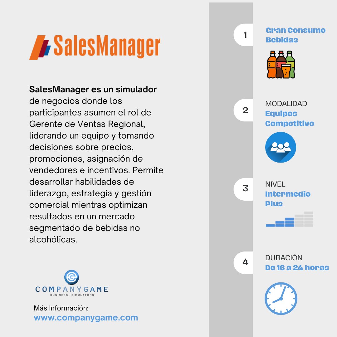 🚀 Conviértete en Sales Manager con CompanyGame. 

Lidera un equipo comercial, gestiona precios, promociones y clientes en un mercado dinámico. 

Desarrolla liderazgo, análisis y toma de decisiones en un simulador realista de ventas.