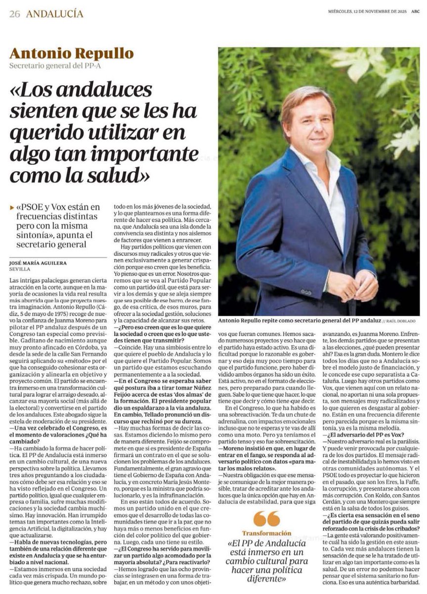 «Cada vez más andaluces tienen la sensación de que se ha tratado de utilizar algo tan importante como la salud».

🗞️ No te pierdas la entrevista a <a href="/arepullomilla/">Antonio Repullo Milla</a> en ABC.

abc.es/espana/andaluc…