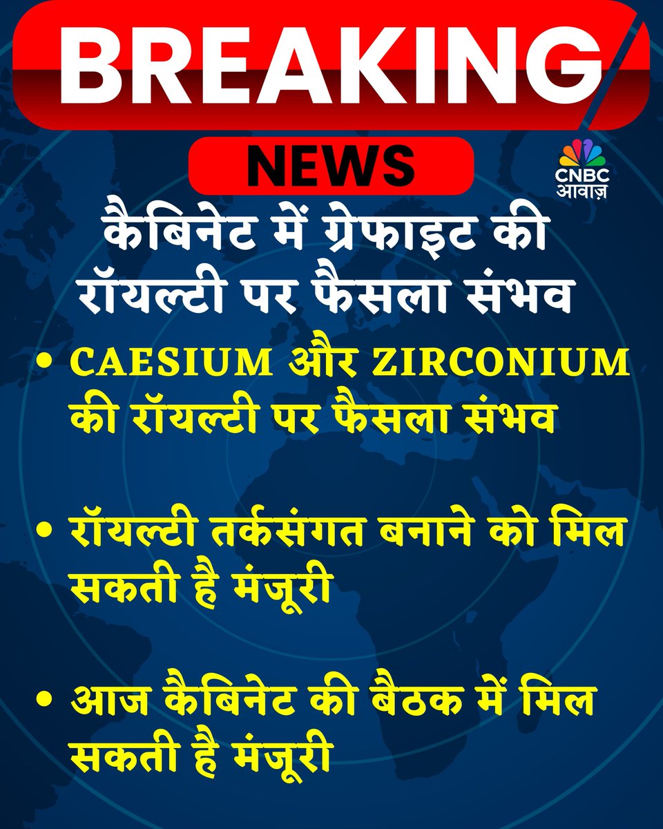 CNBC_Awaaz's tweet photo. कैबिनेट में ग्रेफाइट की रॉयल्टी पर फैसला संभव
CAESIUM और ZIRCONIUM की रॉयल्टी पर फैसला संभव
रॉयल्टी तर्कसंगत बनाने को मिल सकती है मंजूरी
आज कैबिनेट की बैठक में मिल सकती है मंजूरी
#BreakingNews #Graohite #Caesium #Zirconium https://t.co/jJXigFA8mm