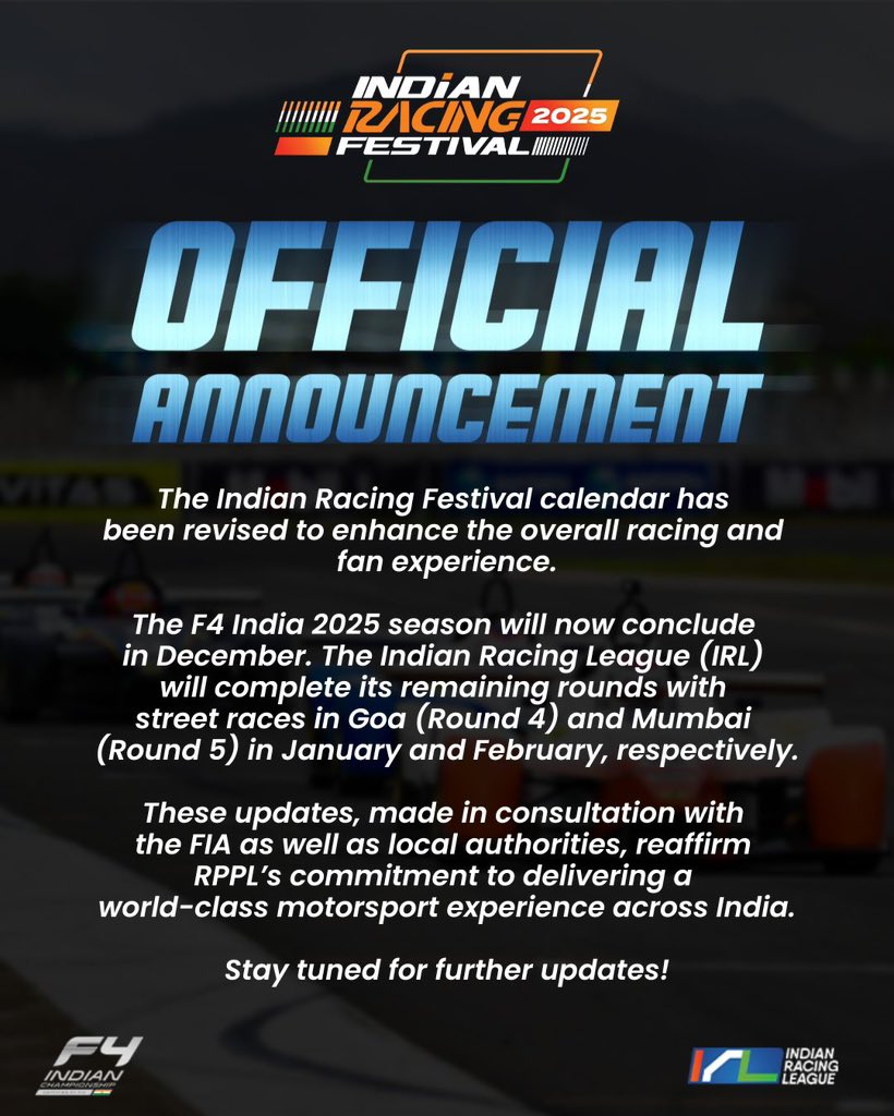 📢 Official Update 📢

The Indian Racing Festival calendar has been realigned to deliver an enhanced racing and fan experience.