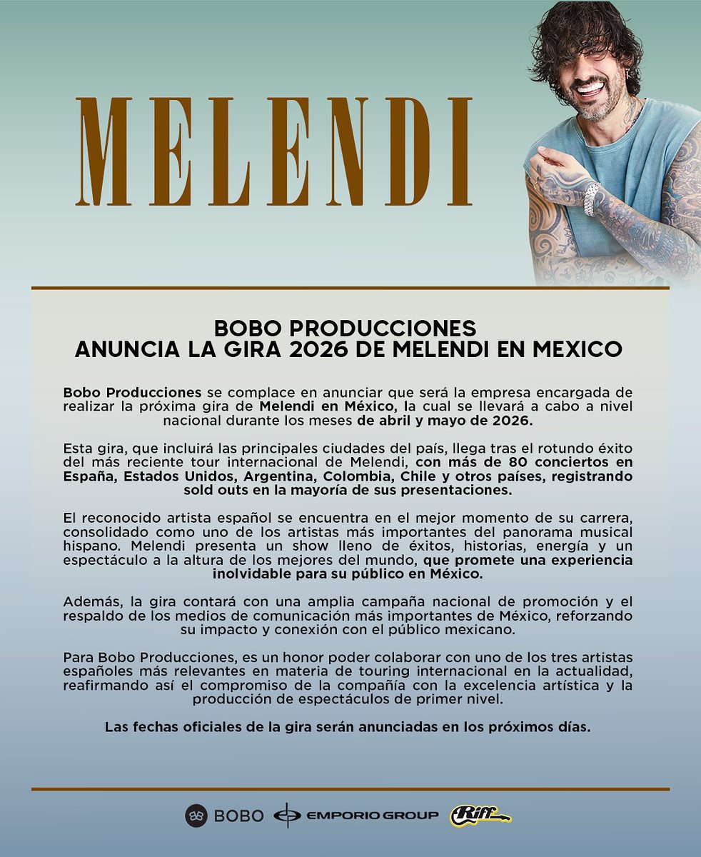 México, ¡tenemos una gira pendiente! 🇲🇽
Y en 2026 se hará realidad.

<a href="/MelendiOficial/">Melendi Oficial</a>