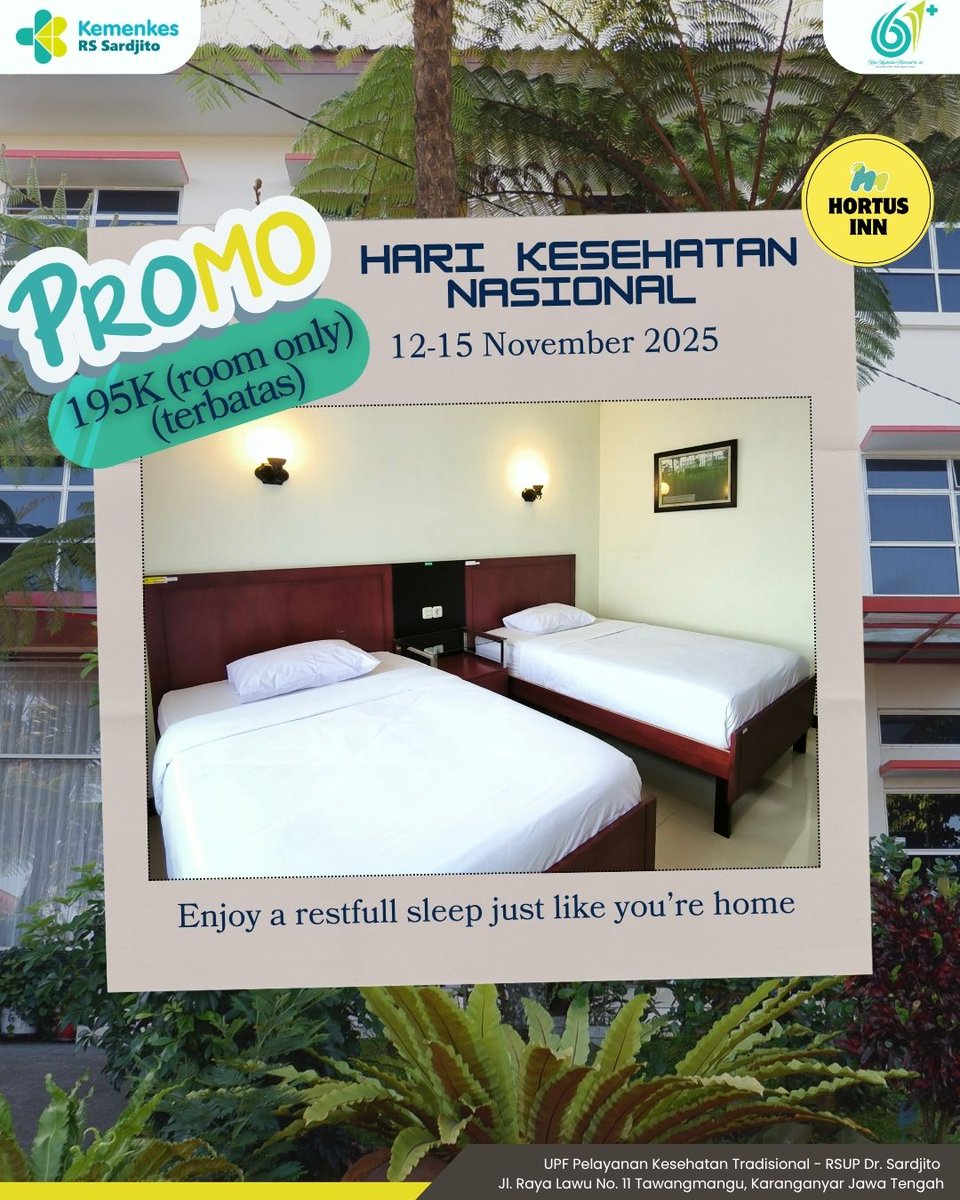 Halo Sobat Sehat Sardjito

Rayakan Hari Kesehatan Nasional dengan memberikan istirahat terbaik untuk diri Anda. Nikmati ketenangan dan kenyamanan kamar Hortus Inn yang serasa di rumah.

Website pemesanan : book-directonline.com/properties/hor…