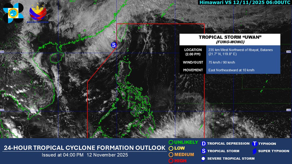 WEATHER UPDATE | As of 2:00 PM today, 12 November 2025, Tropical Storm "UWAN" (Int'l Name "FUNG-WONG") is still being monitored OUTSIDE the Philippine Area of Responsibility (PAR).

Source: DOST-PAGASA

#UwanPH
#NDRRMC
#BawatSegundoMahalaga