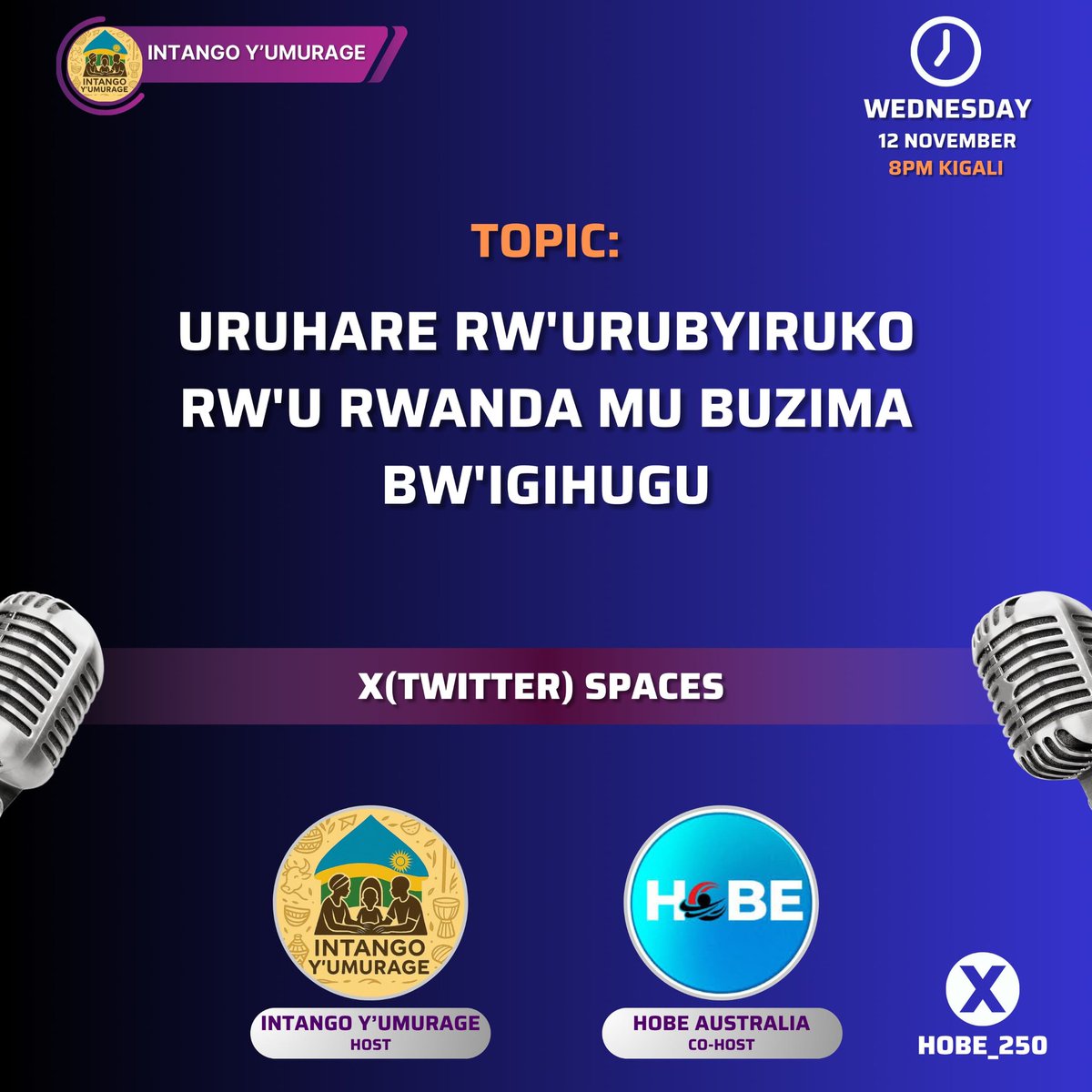 Ni umwanya wo kuganira, dusuzuma uruhare rw'urubyiruko mu buzima bw'igihugu. 

Turaganira ibyakozwe, inzira yabyo, umusaruro wabyo ndetse n'icyerekezo muri rusange. 

Tubane <a href="/RwandaYouth/">Rwanda Youth Council</a> , <a href="/RwandaYouthArts/">Ministry of Youth and Arts | Rwanda</a>, <a href="/RCARwanda/">Rwanda Cooperative Agency</a>,<a href="/Rwanda_Sports/">Ministry of Sports | Rwanda</a>