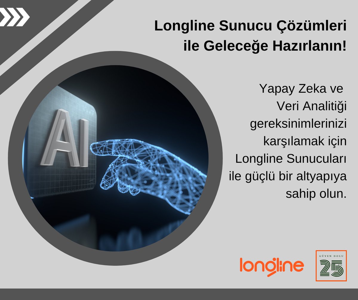longlinebilisim's tweet image. 🚀 Longline Sunucu Çözümleri ile Geleceğe Hazırlanın!
Yapay Zeka ve Veri Analitiği için güçlü, hızlı ve güvenilir altyapı Longline’da!  Performansın ve teknolojinin buluştuğu noktada siz de yerinizi alın.
#Longline #AISolutions #VeriAnalitiği #YapayZeka #Teknoloji #GüçlüAltyapı