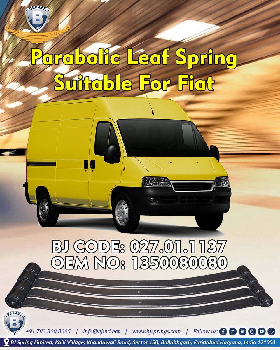 bjspringsind's tweet image. Fiat fleet needing new suspension? Our Parabolic Leaf Spring is ready to ship. High-quality manufacturing, reliable performance. BJ CODE: 027.01.1137OEM NO: 1350080080 Order now. #Fiat #LeafSpring #Automotive #B2B #Parts #Suspension
