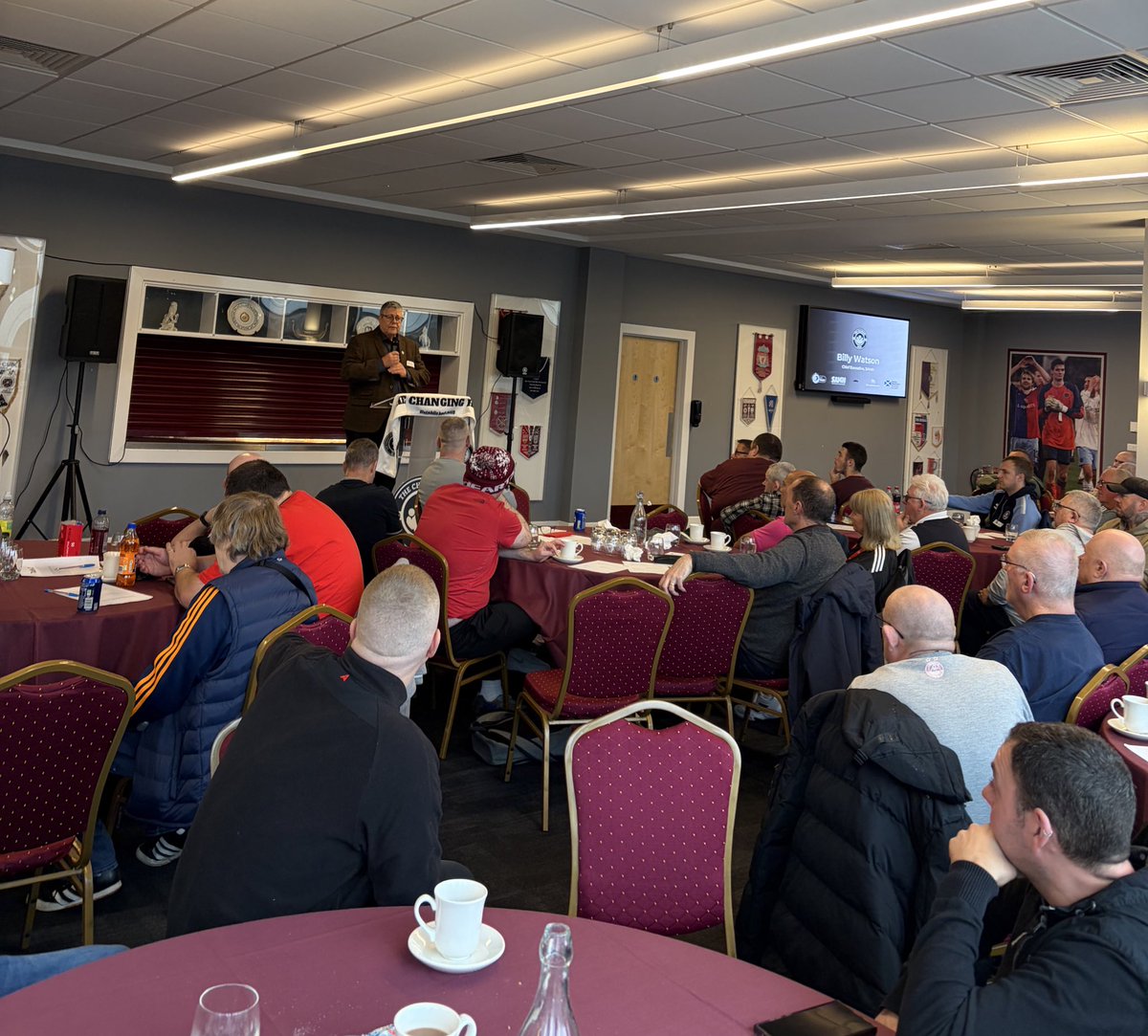 Real_C_Wilson's tweet photo. A brilliant afternoon yesterday as @bighearts &amp; @JamTarts hosted The Changing Room Alumni event with SAMH. 

Over 70 men from across a host of football clubs were in the room telling stories of change, bravery and much much more. 

The Changing Room both SAVES and CHANGES lives. https://t.co/KHCYQjTGXf