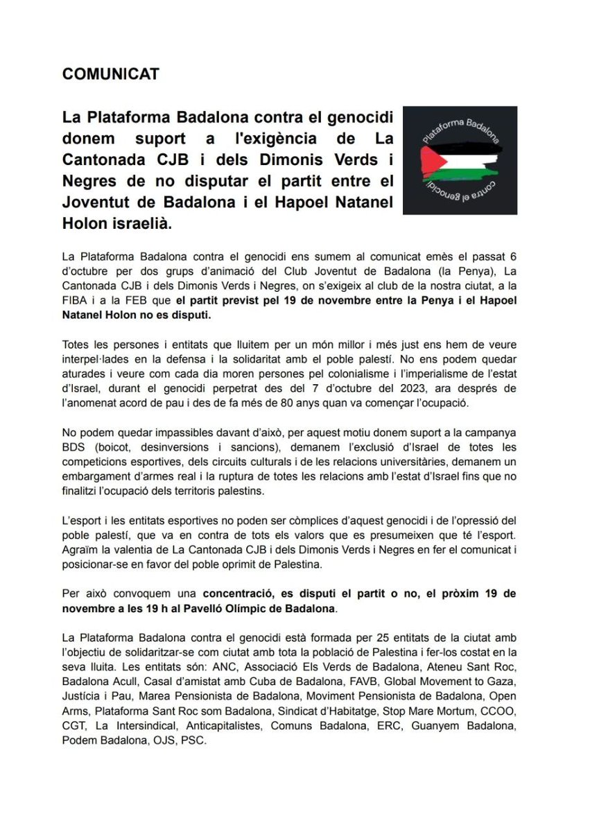 cgtbarcelones's tweet image. Comunicat de la Plataforma Badalona contra el genocidi a Palestina

Fem una crida a participar de la concentració:
🗓️19/11
⏰19h
📍Pavelló Olimpic de #Badalona