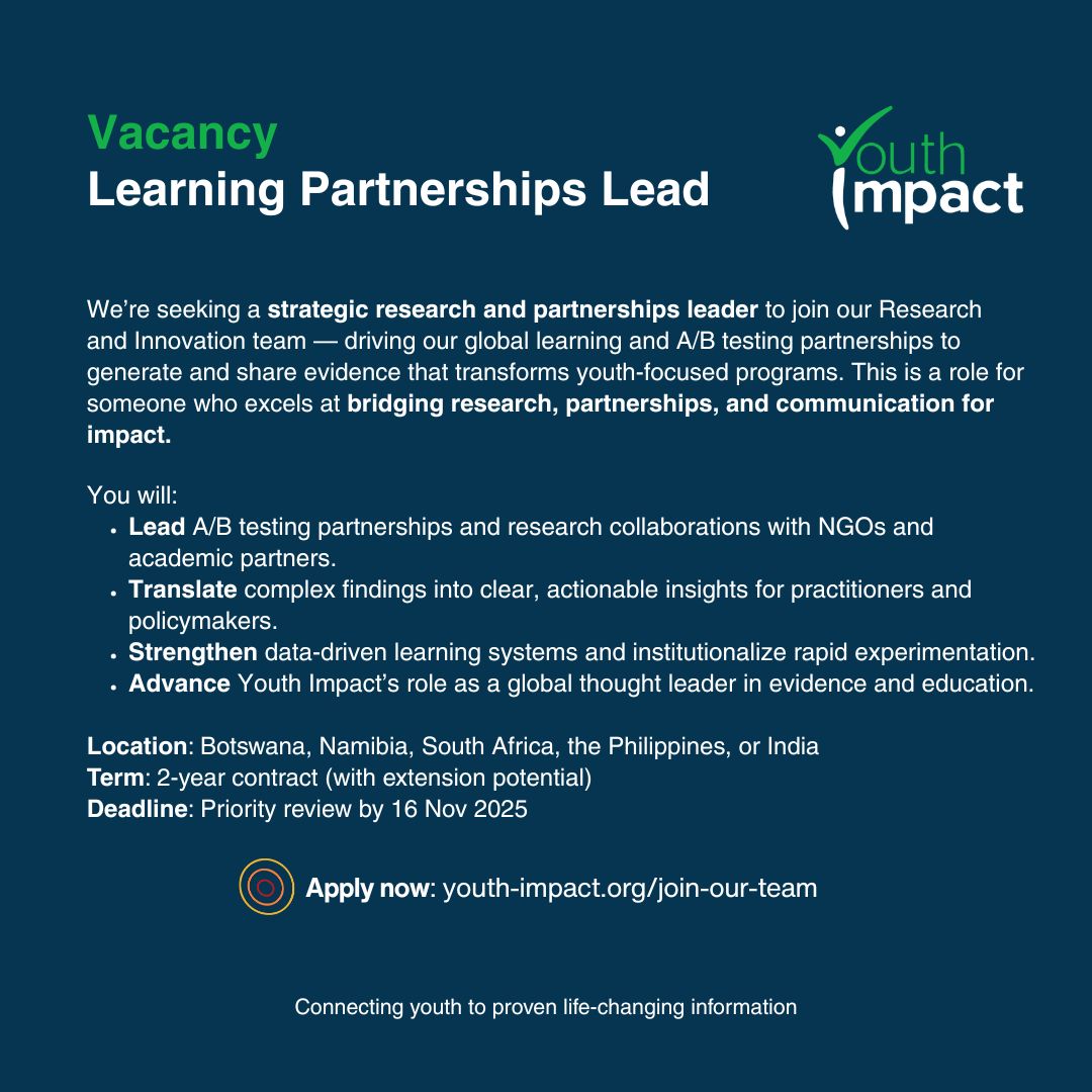 Youth Impact is seeking a dedicated Learning Partnerships Lead to join its Research and Innovation team, driving the learning and evidence agenda, leading A/B testing partnerships, and managing external research collaborations.

As a key team member, you'll promote…
