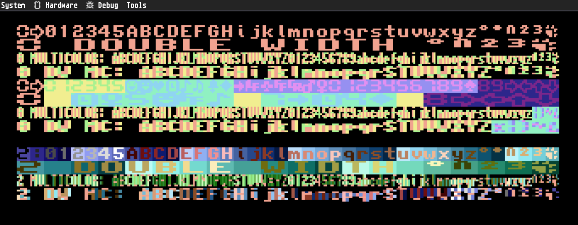 Text modes refactored…

Now we have two:
MODE0 - palette text mode
MODE2 - attribute text mode
Both have DOUBLE_WIDTH and MULTICOLOR variants available.
