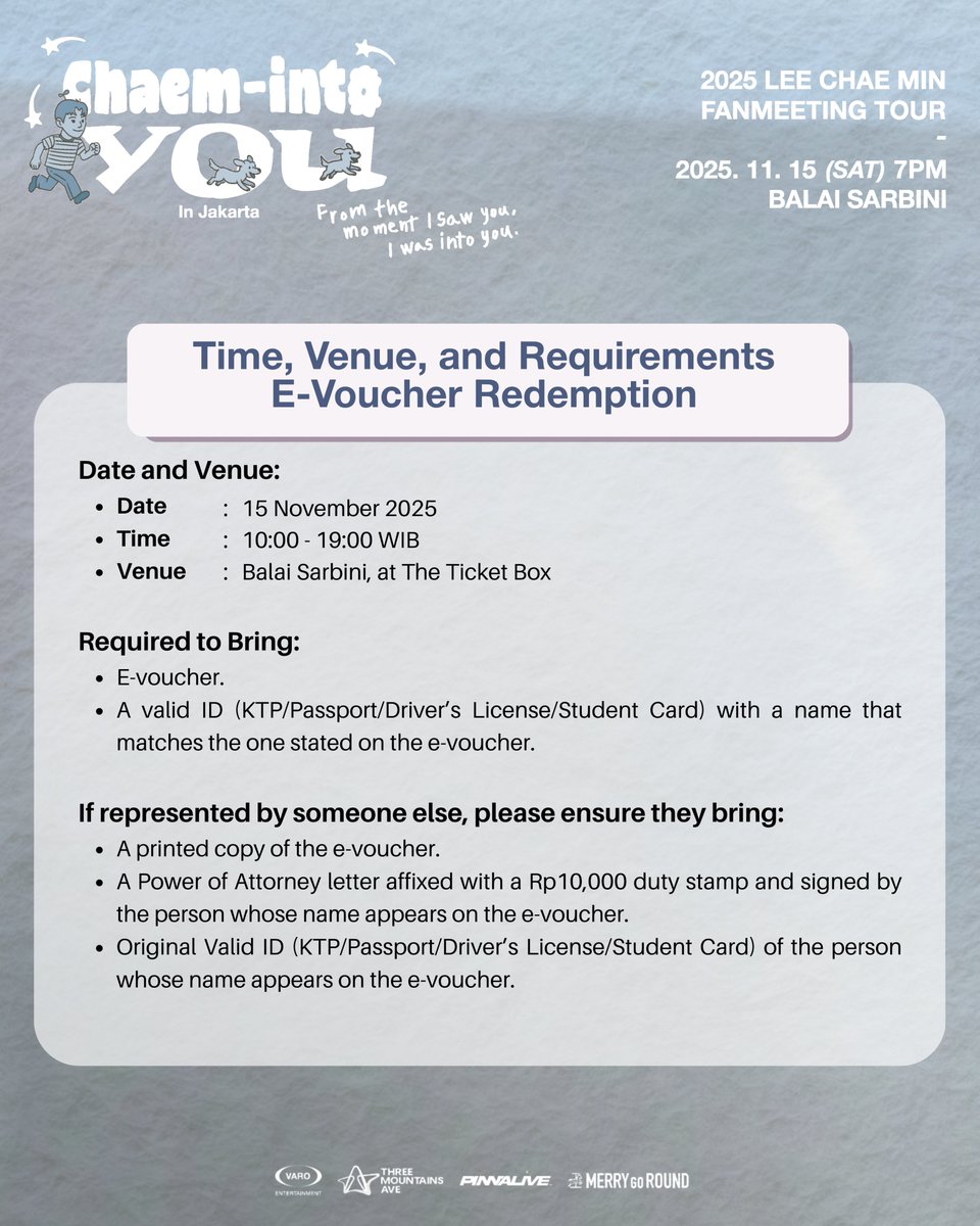 📢 E-Voucher Exchange Information
All ticket holders are required to exchange their E-Voucher for the physical ticket before entering the venue for the  2025 LEE CHAE MIN FANMEETING TOUR ‘Chaem-into you’ in JAKARTA💖
Please check the detailed schedule and location below to ensure