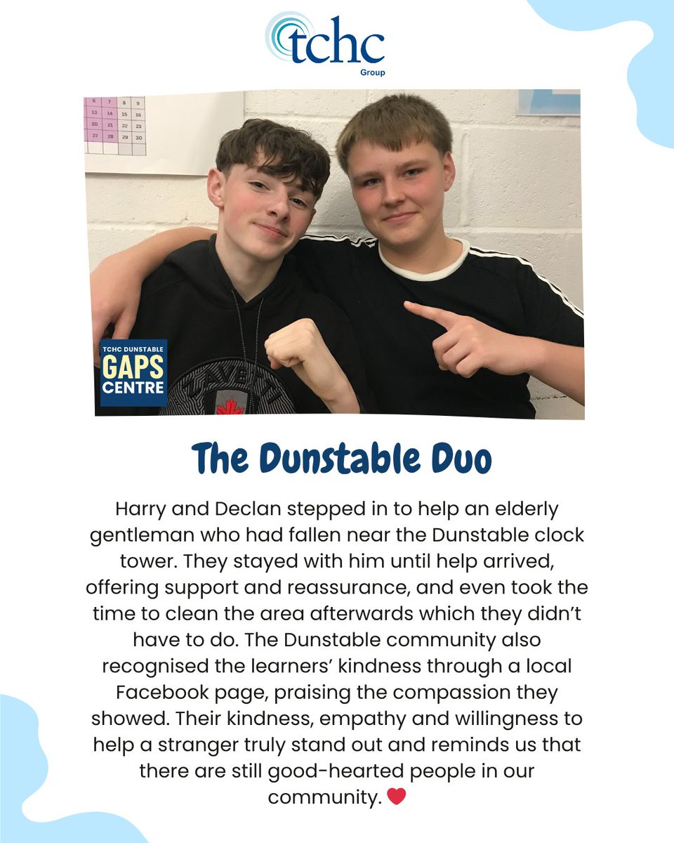 tchcgroupltd's tweet image. A big thank you to Harry and Declan for their compassion and bravery. We’re proud to have learners like you in our community! 💛

#tchc #kindnessinaction #dunstable #education #support #learners #college #school #furthereducation