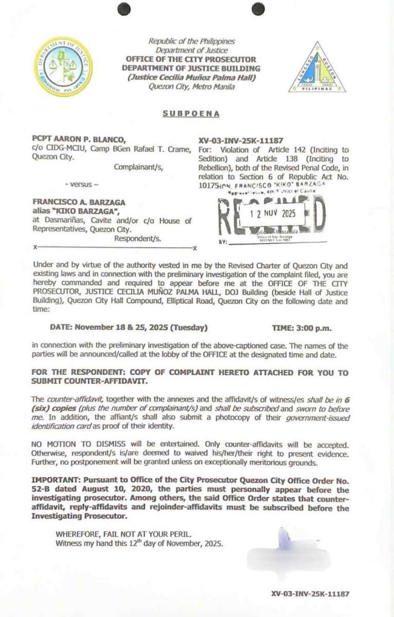 BREAKING CAT NEWS: Cong. Kiko Barzaga kinasuhan ng CIDG ng Inciting to Sedition and Inciting to Rebellion.

The long arm of the law takes long but it catches up. Freedom of speech is sacred but it is not absolute.

You cannot be a Congressman of the REPUBLIC OF THE PHILIPPINES