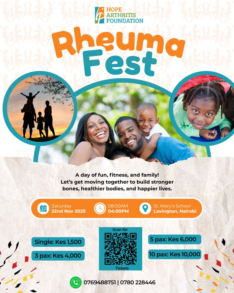 Join us at RHEUMAFEST — a day of fun, music, dance and sports as we celebrate strength and stand with families living with arthritis and rheumatic diseases 💚

📅 22nd Nov 2025
📍 St. Mary's School, Lavington.

🎟️ Get your tickets now: hopearthritisfoundation.com/rheuma-fest

#RheumaFest2025