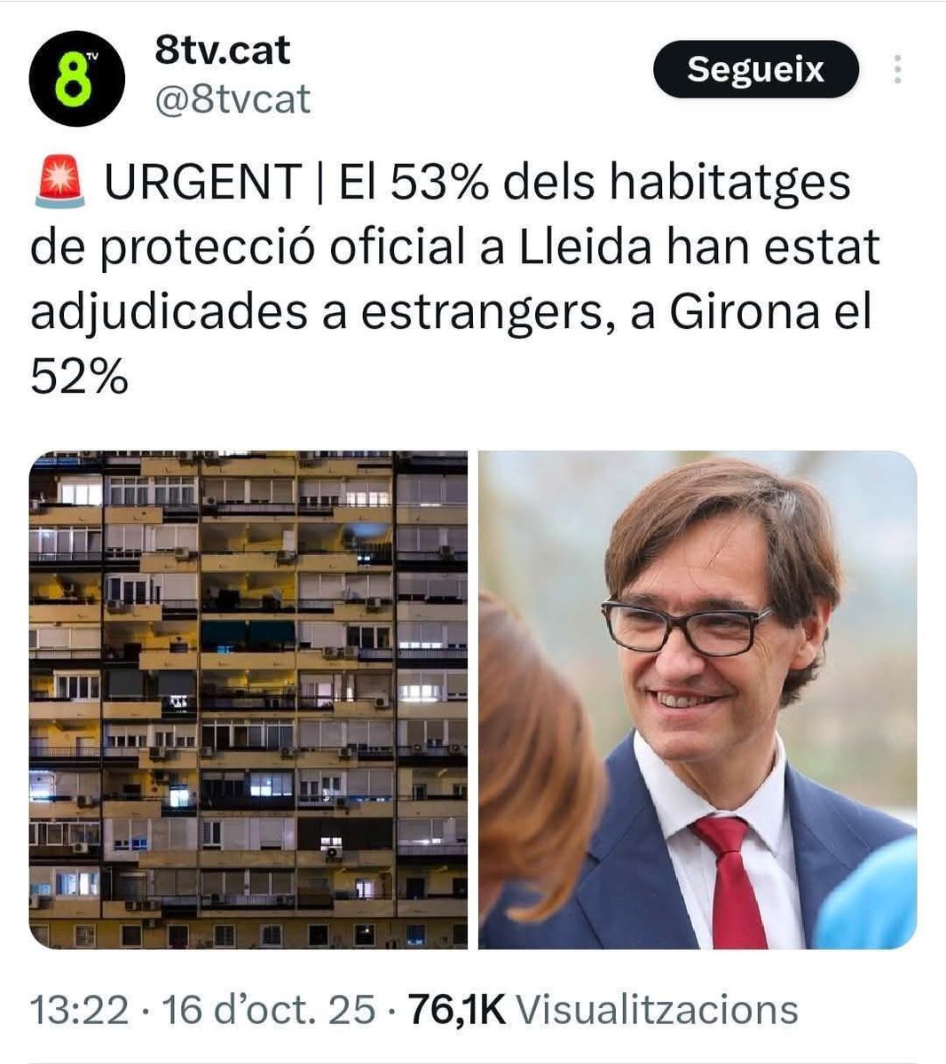 El 47% dels residents a Catalunya d'entre 25 i 39 anys són nascuts a l'estranger.

Immigrants cobrant l'Ingrés
Mínim Vital, 2025:
Girona 43,47%
Lleida 40,41%
Tarragona 37,35%
Barcelona 29,75%

Habitatges de protecció oficial atorgats a immigrants:
Lleida 53%
Girona 52%
Tarragona